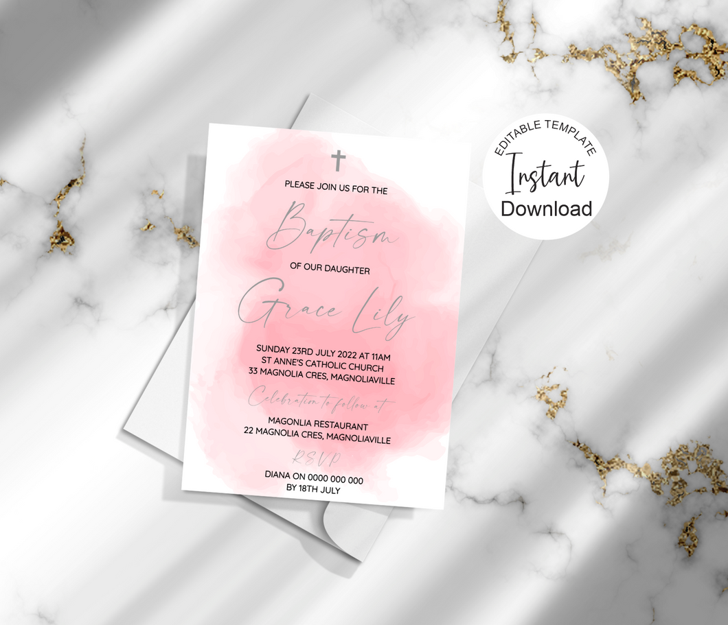 Editable Pink Watercolour Baptism Invite, Digital Invitation Template, Edit at Home