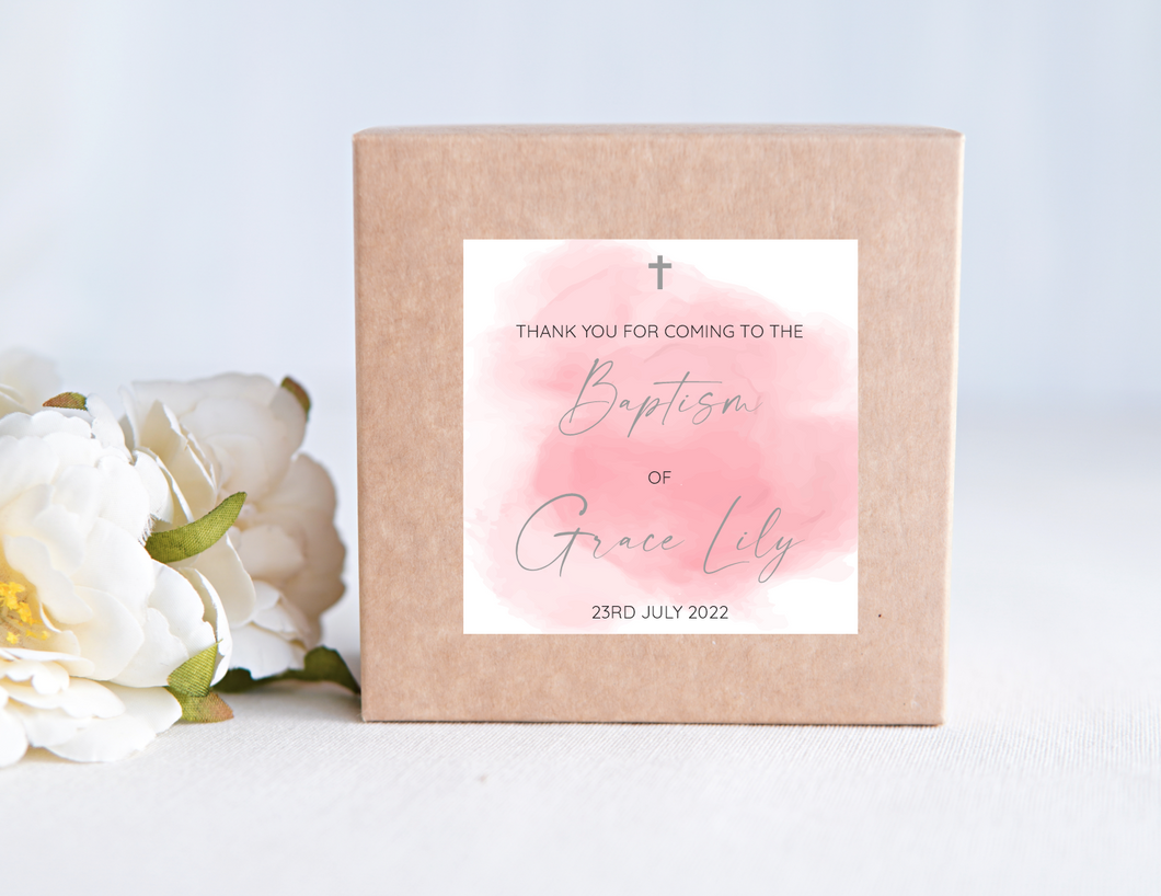 Girls Square Baptism Stickers - Pink Watercolour