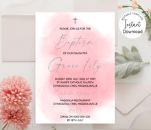 Load image into Gallery viewer, Editable Pink Watercolour Baptism Invite, Digital Invitation Template, Edit at Home
