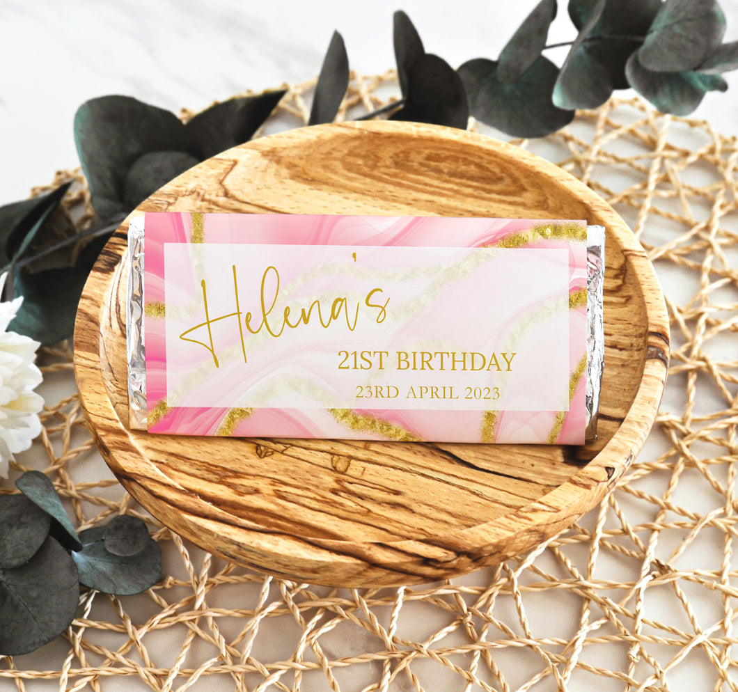 Personalised Pink and Gold Birthday Chocolate Bar Wrapper Sticker
