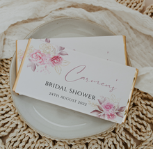 Load image into Gallery viewer, Personalised Pink Florals Bridal Shower Chocolate Bar Wrapper Sticker
