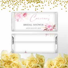 Load image into Gallery viewer, Personalised Pink Florals Bridal Shower Chocolate Bar Wrapper Sticker
