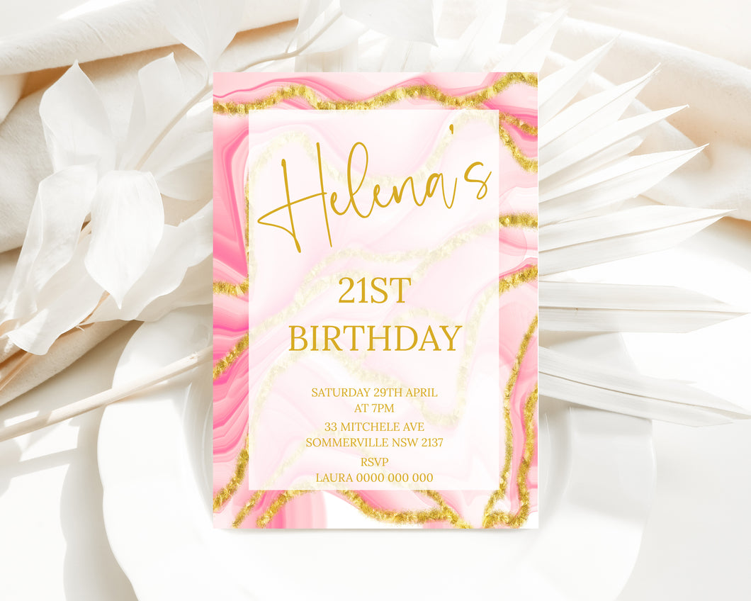 Editable Pink and Gold Birthday Invite, Digital Invitation Template, Print at home