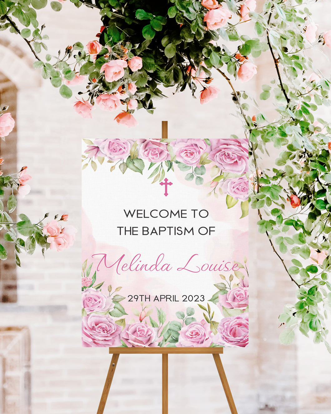 Pink Roses Baptism Welcome Sign Print