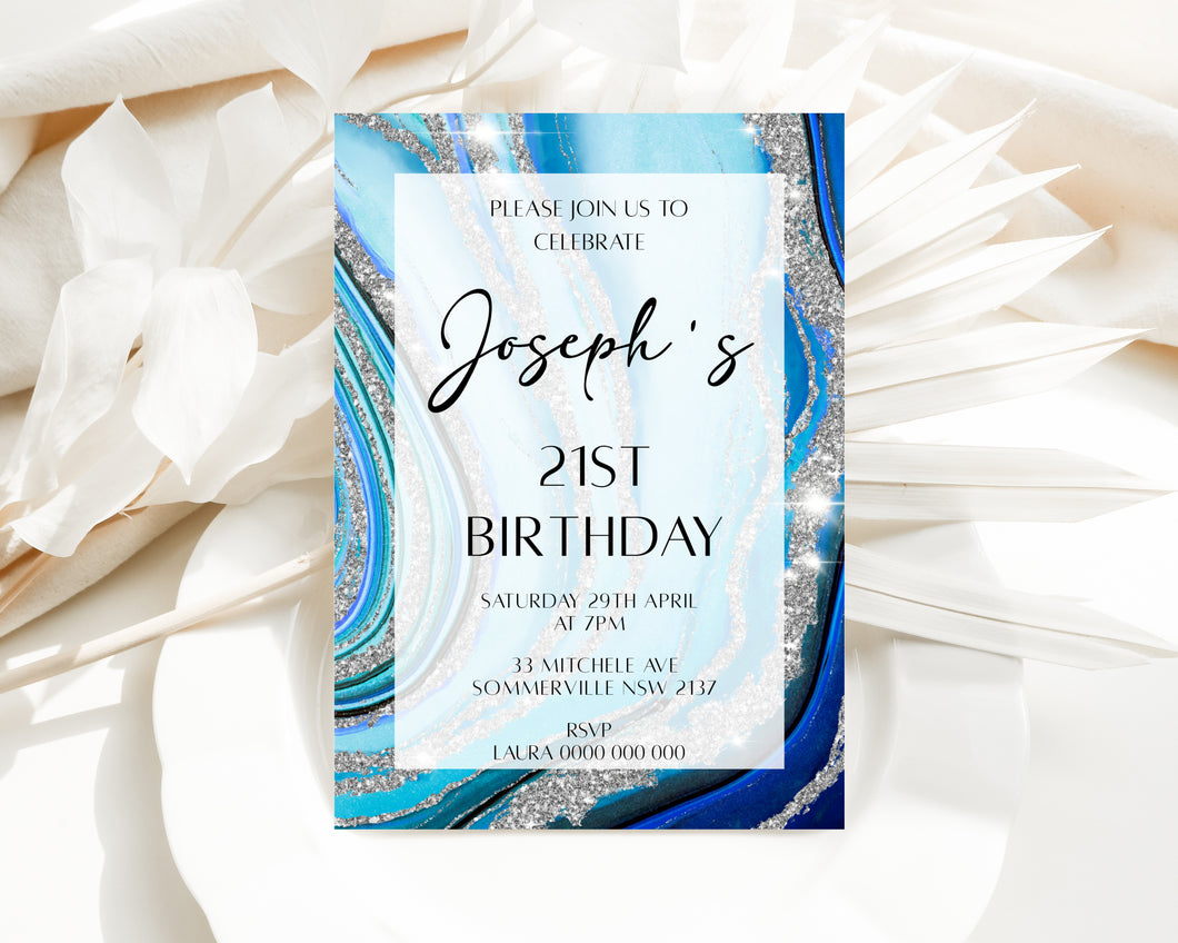 Royal Blue Birthday Invite, Digital Invitation Template, Print at home