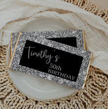 Load image into Gallery viewer, Personalised Black and Silver Glitter Chocolate Bar Wrapper Sticker
