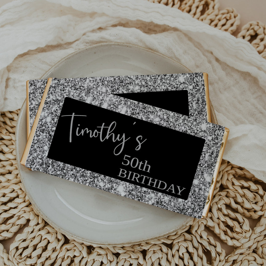 Personalised Black and Silver Glitter Chocolate Bar Wrapper Sticker