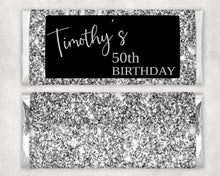 Load image into Gallery viewer, Personalised Black and Silver Glitter Chocolate Bar Wrapper Sticker
