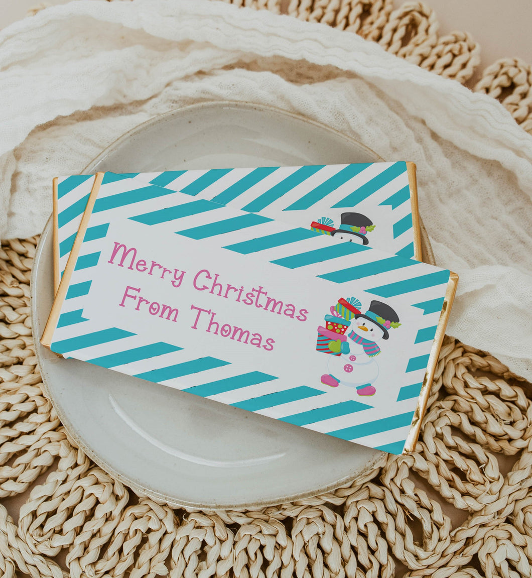 Personalised Christmas Snowman Chocolate Bar Wrapper Sticker
