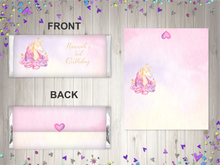 Load image into Gallery viewer, Personalised Watercolour Unicorn Chocolate Bar Wrapper Sticker
