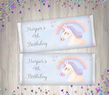 Load image into Gallery viewer, Personalised Blue Unicorn Chocolate Bar Wrapper Sticker

