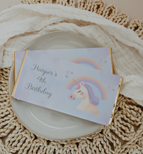 Load image into Gallery viewer, Personalised Blue Unicorn Chocolate Bar Wrapper Sticker
