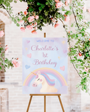 Load image into Gallery viewer, Blue Unicorn Birthday Welcome Sign
