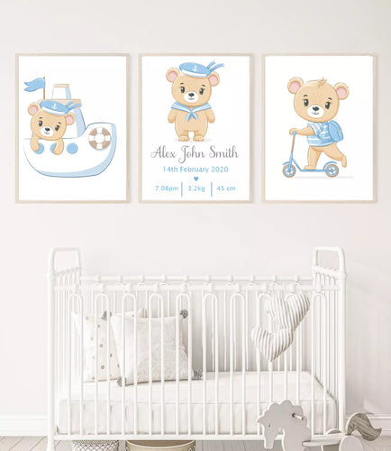 Set of 3 Cute Teddy Bears Dressed in Blue, with Birth Stats Wall Art Poster Prints, Various Sizes Available