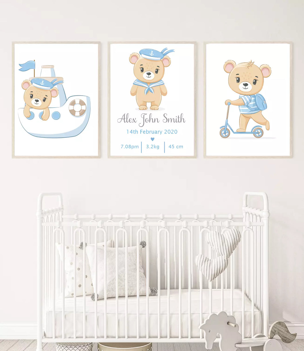 Set of 3 Cute Teddy Bears Dressed in Blue, with Birth Stats Wall Art Poster Prints, Various Sizes Available
