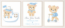 Load image into Gallery viewer, Set of 3 Cute Teddy Bears Dressed in Blue, with Birth Stats Wall Art Poster Prints, Various Sizes Available
