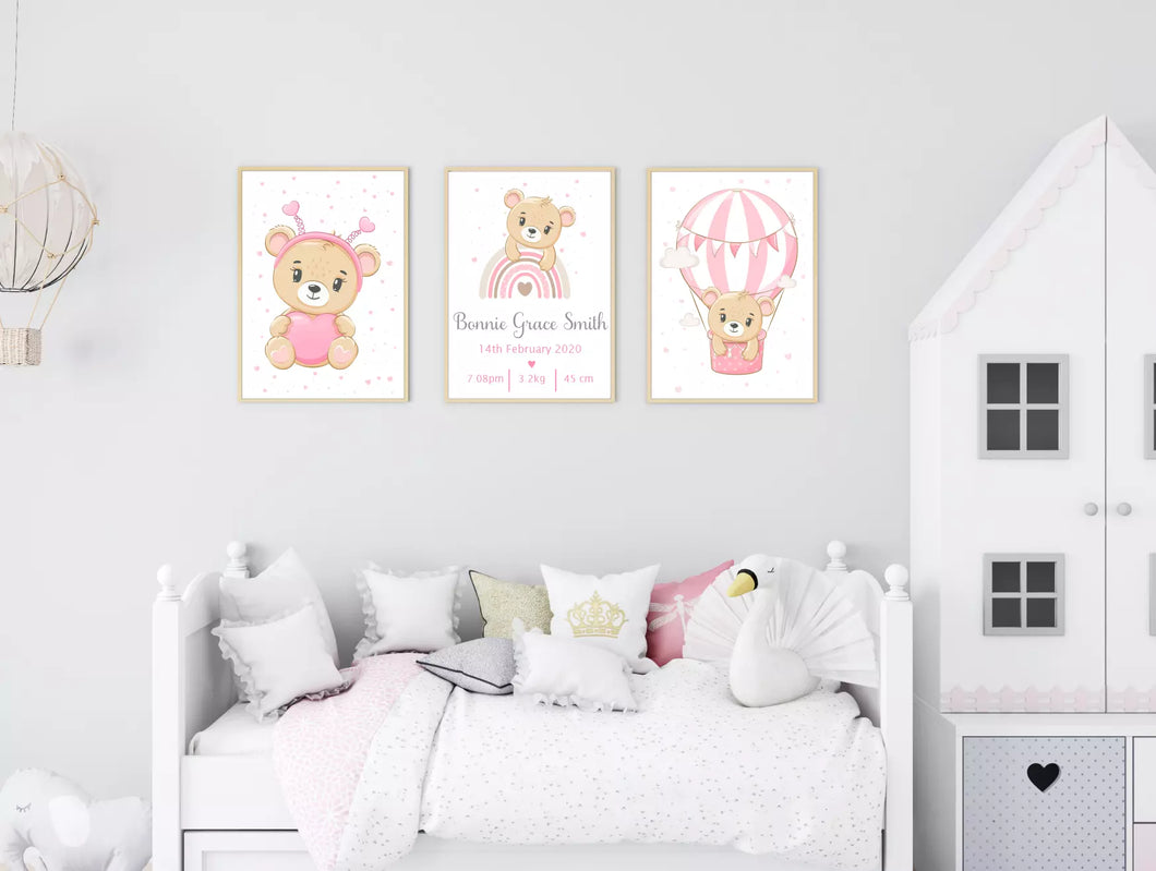 Set of 3 Cute Pink Teddy Bears, with Birth Stats Wall Art Poster Prints, Various Sizes Available