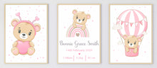 Load image into Gallery viewer, Set of 3 Cute Pink Teddy Bears, with Birth Stats Wall Art Poster Prints, Various Sizes Available
