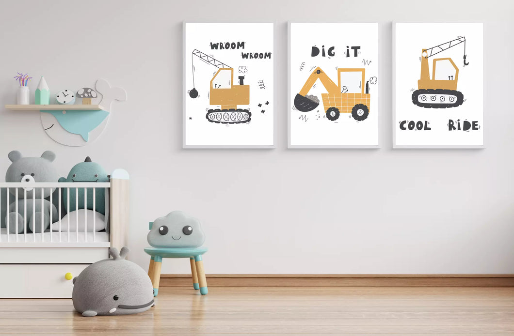 Yellow Construction Trucks wall art, poster prints, set of 3 prints, various sizes