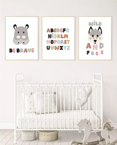 Motivational quotes, alphabet, wide animals wall art, poster prints, set of 3 prints, various sizes