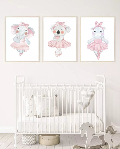 Set of 3 Cute Animals dressed as Ballerina's in Pink Tutus Wall Art Poster Prints, Various Sizes Available