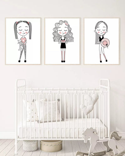Minimalist girls wall art, poster prints, various sizes, set of 3 prints
