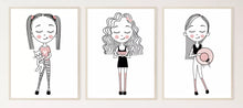 Load image into Gallery viewer, Minimalist girls wall art, poster prints, various sizes, set of 3 prints
