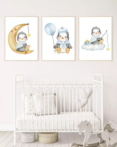 Cute Penguins dressed in blue wall art, Poster prints, various sizes, set of 3 prints.