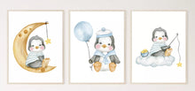 Load image into Gallery viewer, Cute Penguins dressed in blue wall art, Poster prints, various sizes, set of 3 prints.
