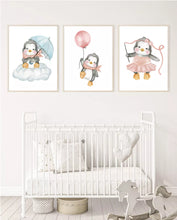 Load image into Gallery viewer, Penguins dressed in pink wall art, poster prints, various sizes, set of 3 prints
