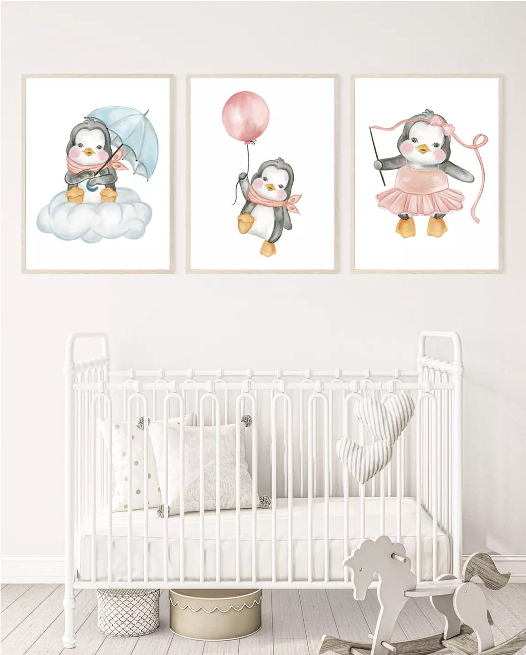 Penguins dressed in pink wall art, poster prints, various sizes, set of 3 prints