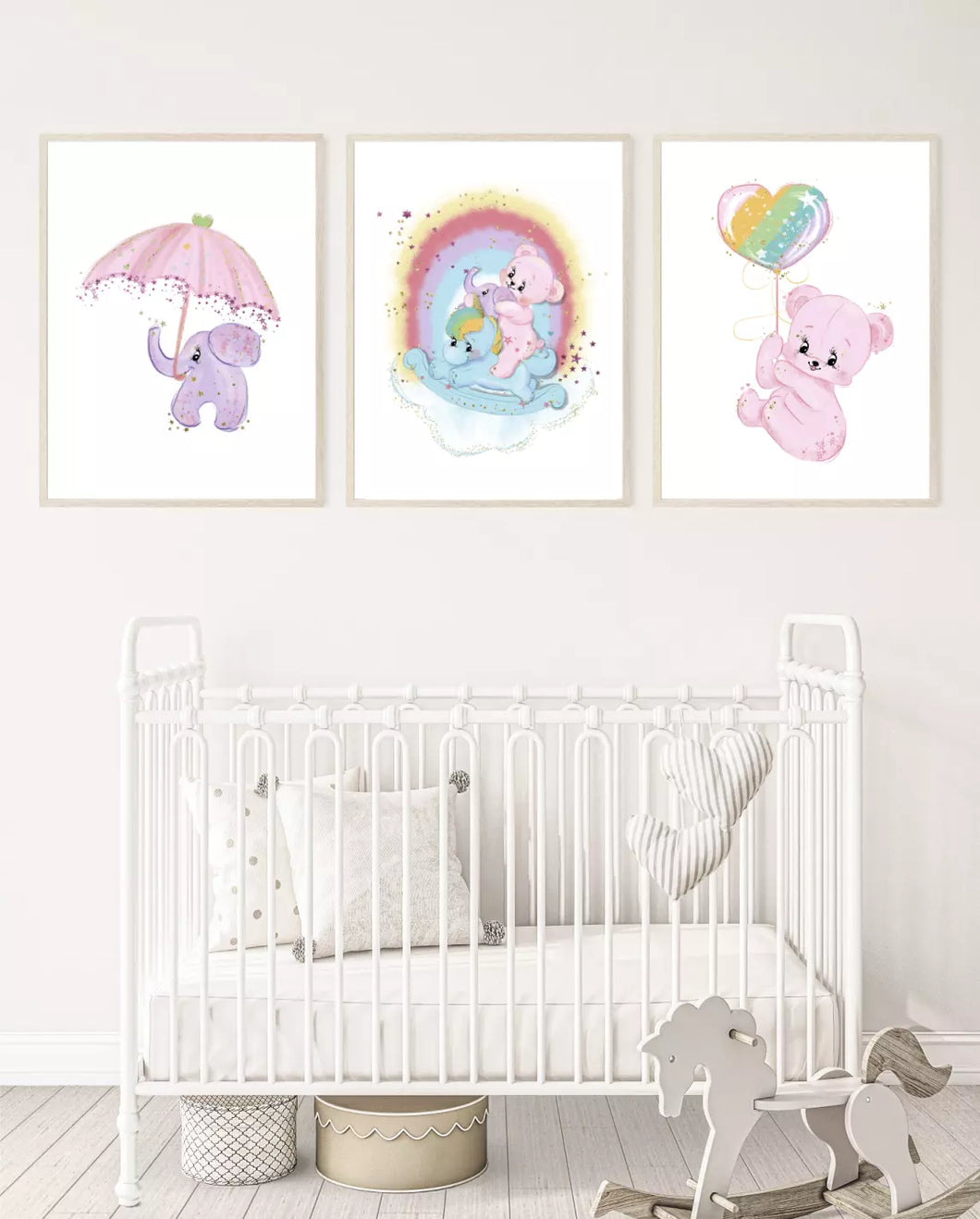 Colourful bears and elephants wall art, poster prints, pink bear, purple elephant, set of 3 prints, various sizes available