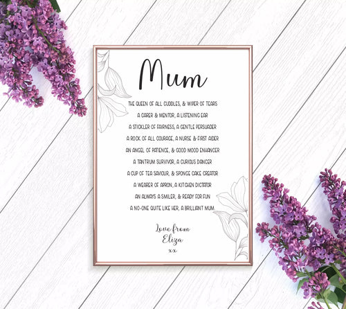 Minimalist Floral Poem Poster Print, Wall Art for Mum, Mum's Birthday Print