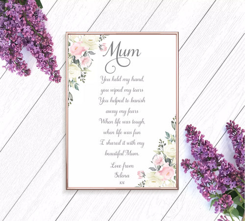 Mum Light Pink Floral Poem Poster Print, Wall Art for Mum, Mum's Birthday Print