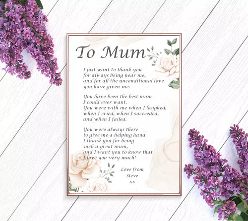 Mum Light Pink Floral Poem Poster Print, Wall Art for Mum, Mum's Birthday Print