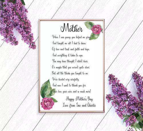 Mother Pink Floral Poem Poster Print, Wall Art for Mum, Mum's Birthday Print