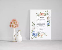 Load image into Gallery viewer, Blue Floral Poem Poster Print, Wall Art for Mum, Mum&#39;s Birthday Print
