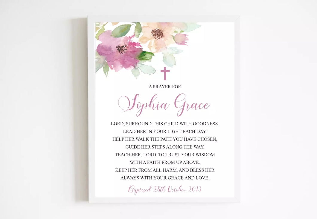 Pink Floral Baptism Prayer Print for a Girl, Various Sizes Available