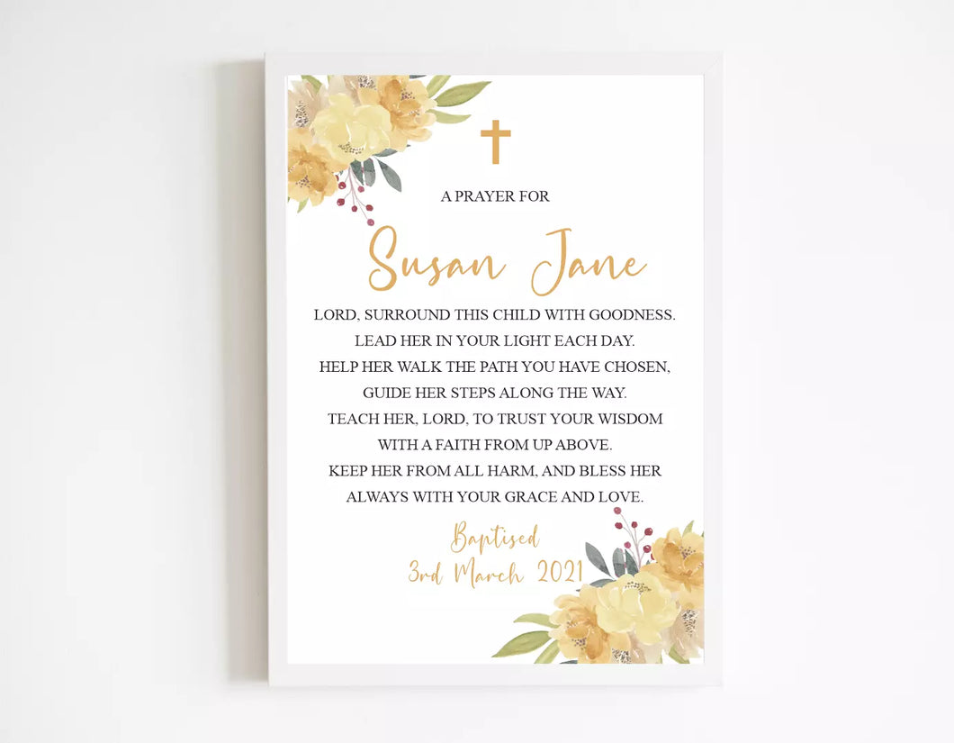 Yellow Floral Baptism Prayer Print for a Girl, Various Sizes Available