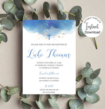 Load image into Gallery viewer, Editable Boys Blue Baptism Invite, Digital Invitation Template, Edit at Home
