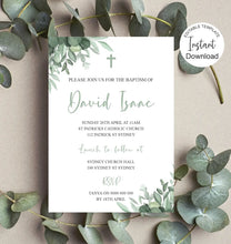 Load image into Gallery viewer, Editable Boys Green Eucalyptus Baptism Invite, Digital Invitation Template, Print at Home
