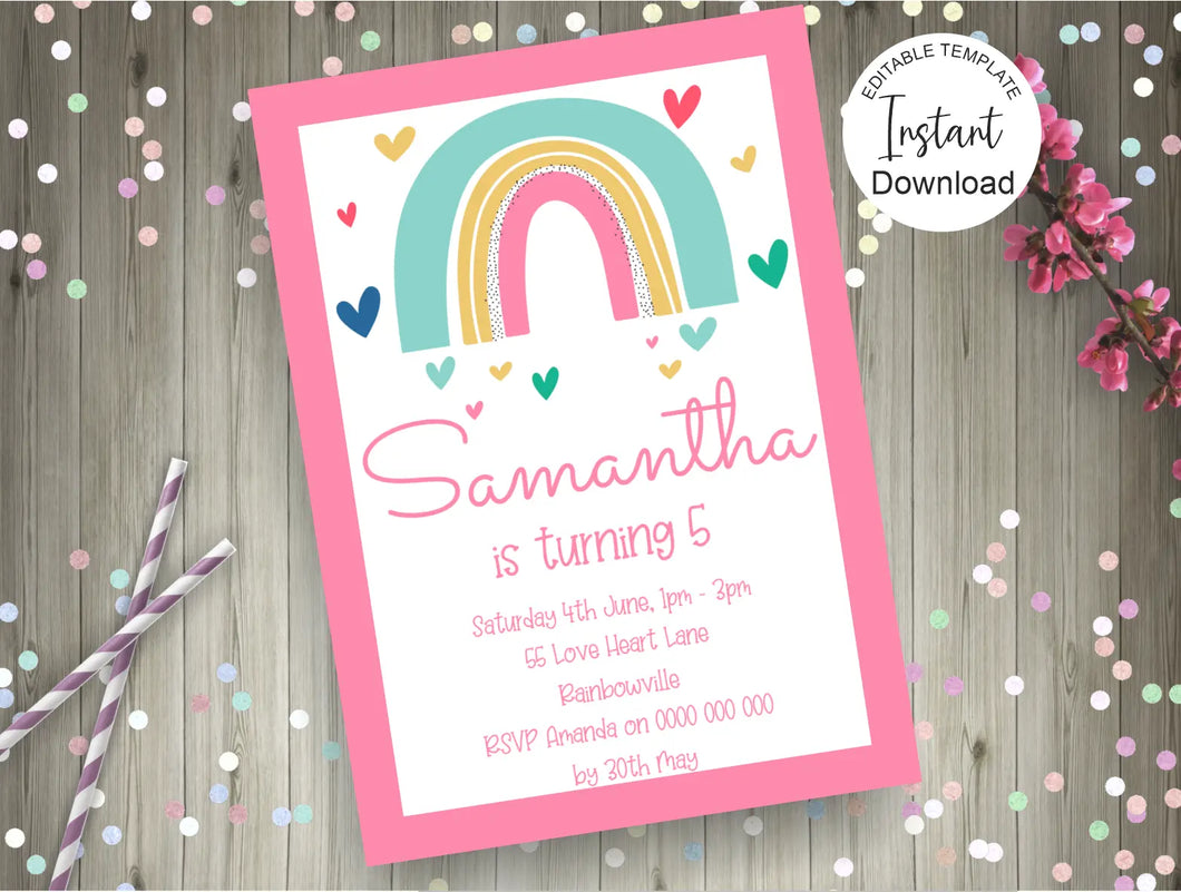 Editable Colourful Rainbow Birthday Invite, Digital Invitation Template, Print at home