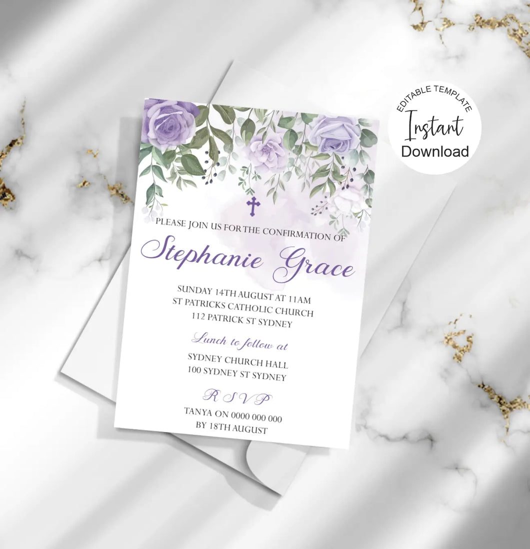 Editable Girls Confirmation Invite, Digital Invitation Template, Purple Floral Invitation, Print at Home