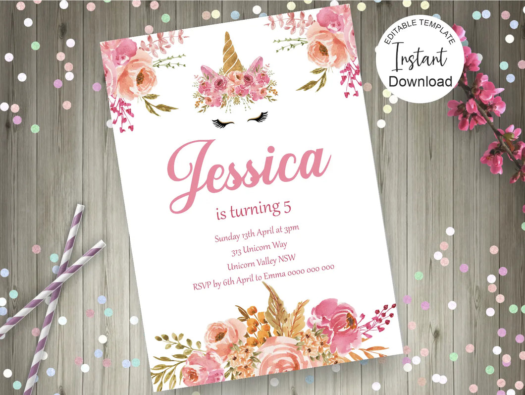 Editable Floral Pink Unicorn Birthday Invite, Digital Invitation Template, Print at home
