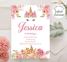 Load image into Gallery viewer, Editable Floral Pink Unicorn Birthday Invite, Digital Invitation Template, Print at home
