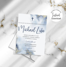 Load image into Gallery viewer, Editable Boys Blue First Holy Communion Invite, Digital Invitation Template, Edit at Home
