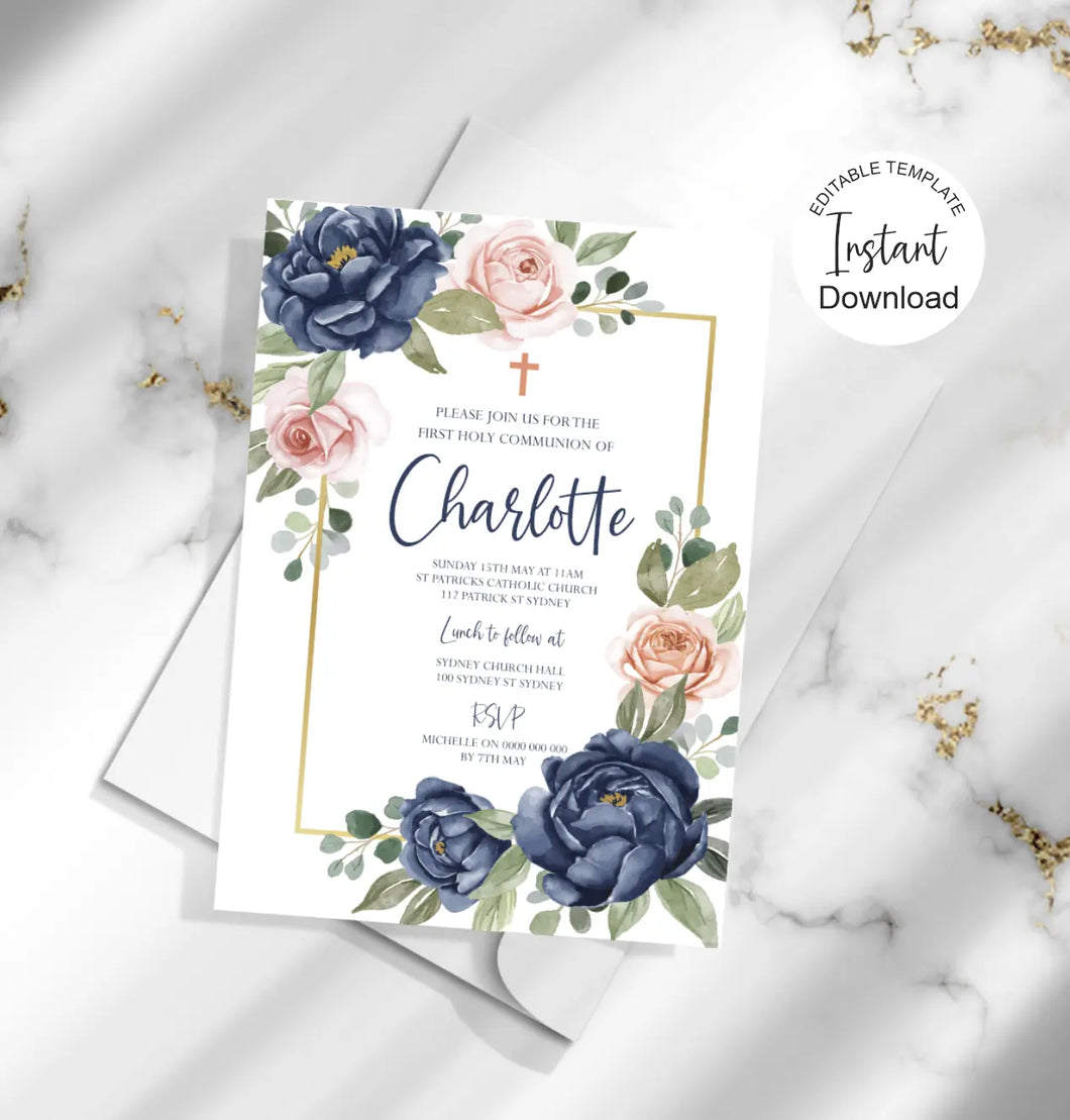 Editable Girls First Holy Communion Invite, Digital Invitation Template, Edit at Home