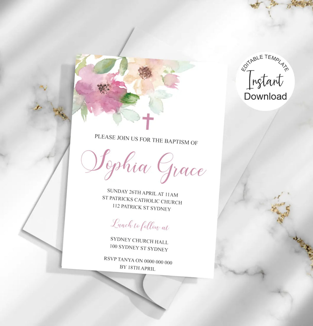 Editable Girls Floral Baptism Invite, Digital Invitation Template, Edit at Home