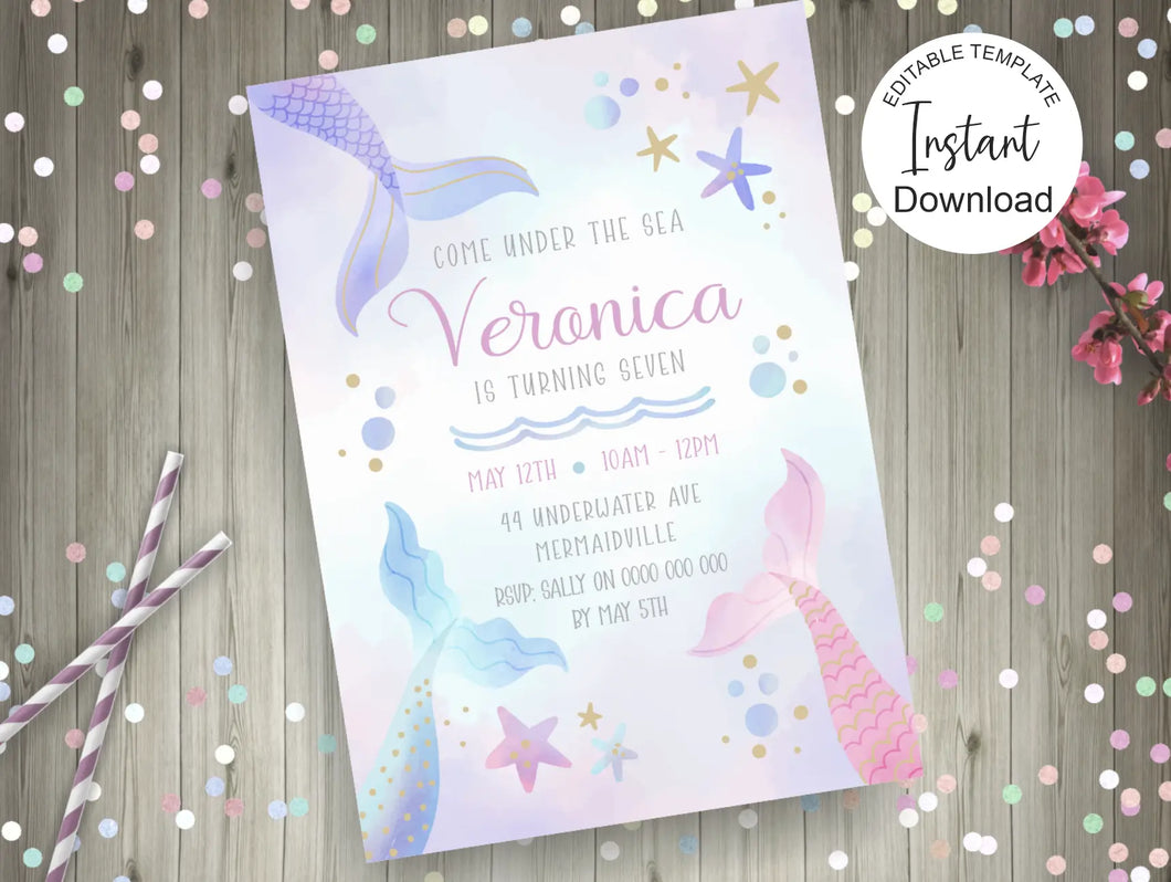 Editable Mermaid Birthday Invite, Digital Invitation Template, Print at home