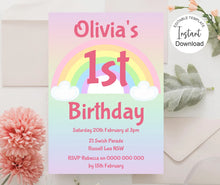 Load image into Gallery viewer, Editable Pastel Rainbow Birthday Invite, Digital Invitation Template, Print at home
